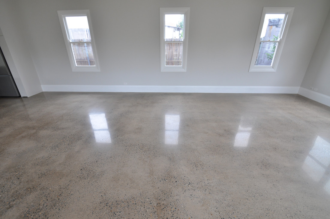 Living room with polished concrete flooring