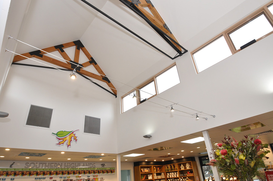 Mittagong Info Centre Roof with timber beams and lighting